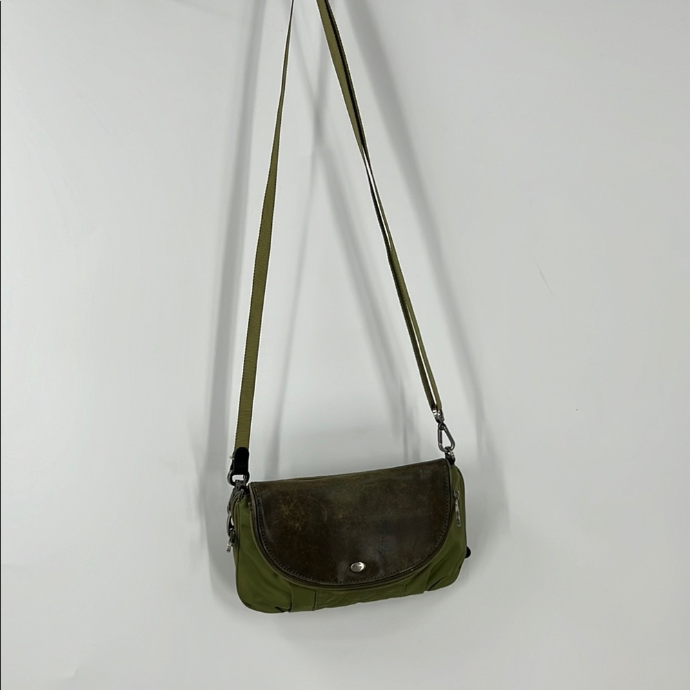 Mosey Olive Green with brown leather flap, nylon Crossbody Bag